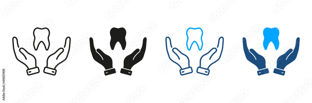 Obraz premium Dental Treatment Silhouette and Line Icons Set. Dentistry Black and Color Symbol Collection. Dental Care, Stomatology Protection Sign. Tooth and Human Hand Pictogram. Isolated Vector Illustration