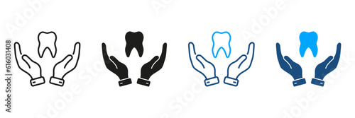 Dental Treatment Silhouette and Line Icons Set. Dentistry Black and Color Symbol Collection. Dental Care, Stomatology Protection Sign. Tooth and Human Hand Pictogram. Isolated Vector Illustration