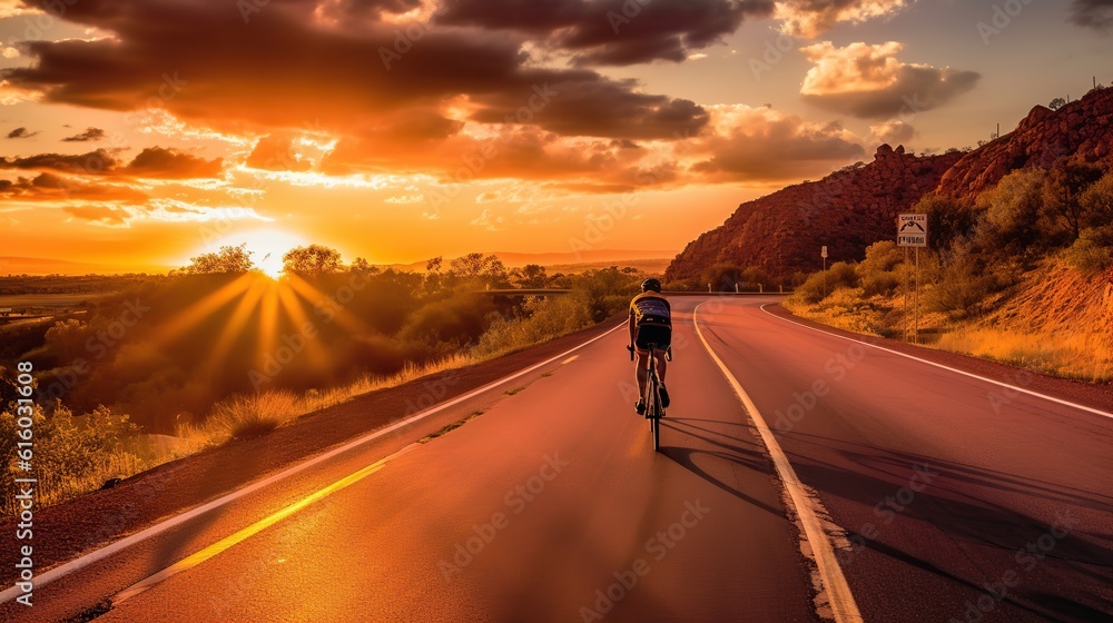 Cyclists practice cycling on open road to sunset Cyclists practice cycling on open road to sunset