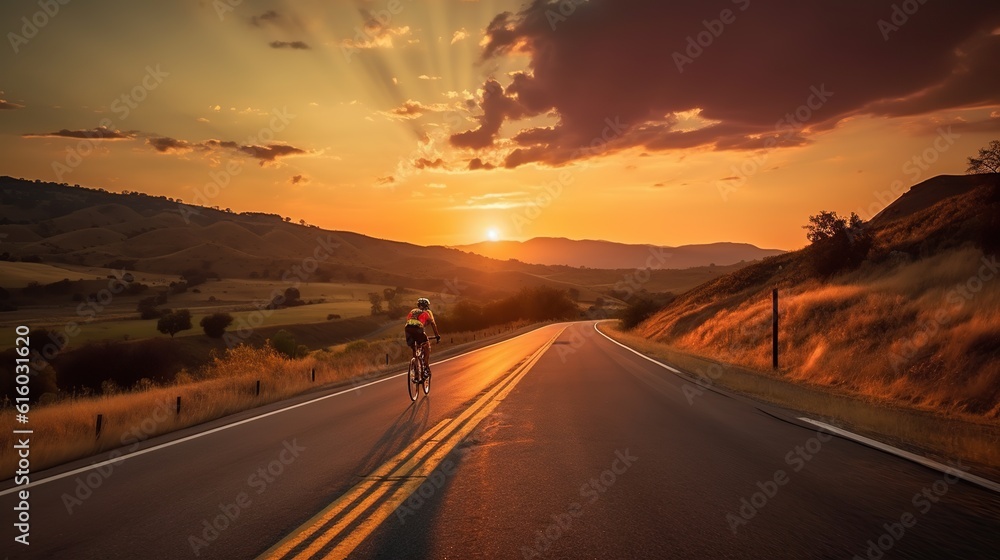 Cyclists practice cycling on open road to sunset