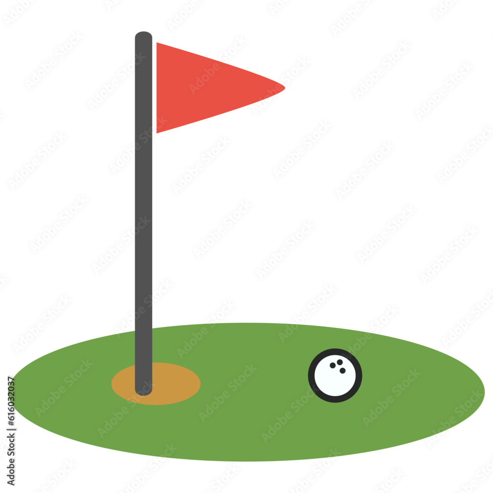 Golf course Icon with hole, red flag and golf ball Golf course Icon with hole, red flag and golf ball