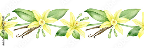 Yellow vanilla flowers, pods and leaves. Watercolor seamless border. Isolated. Orchid blossom. For greeting cards, postcard, menu, packaging design