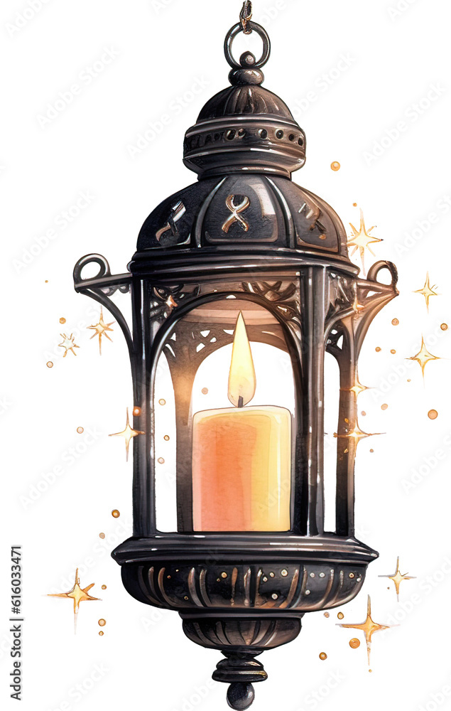 Watercolor illustration of a burning candle in a candlestick.