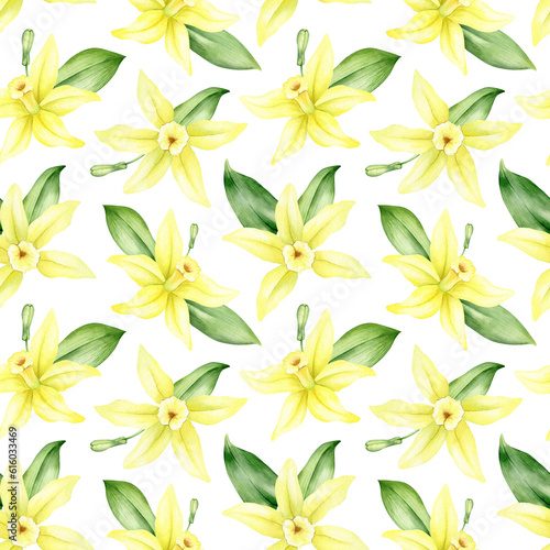 Vanilla flower, sticks, pods and leaves. Watercolor seamless pattern. Background with yellow flowers . For packaging design, digital paper, fabric, menu, advertising