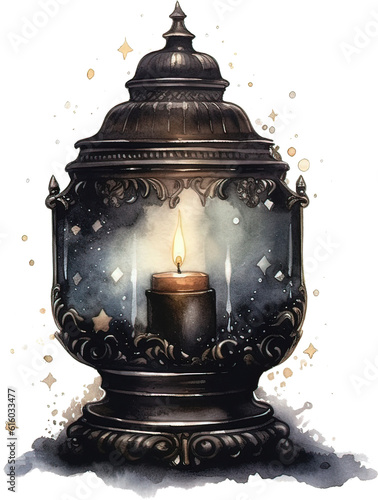 Watercolor illustration of a lantern with a burning candle and a
