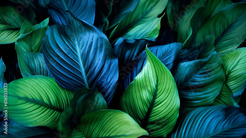 緑と青のスパティフィラム・カニフォリウムの葉。トロピカルな雰囲気の背景用画像