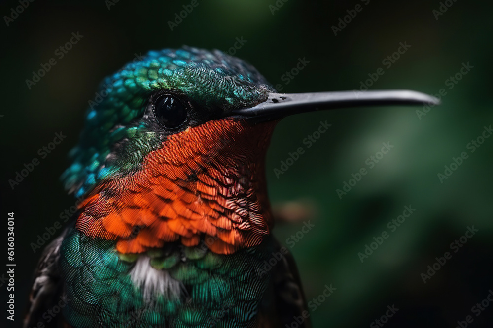 Fototapeta premium A little hummingbird. Close-up. Generative AI illustration.