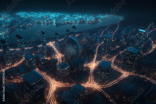 Ariel view of a modern city with skyscrapers in night