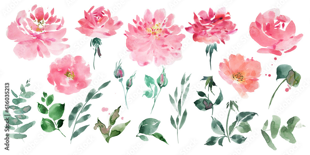 Abstract watercolor garden flowers, roses and peonies clipart. Vintage card.
