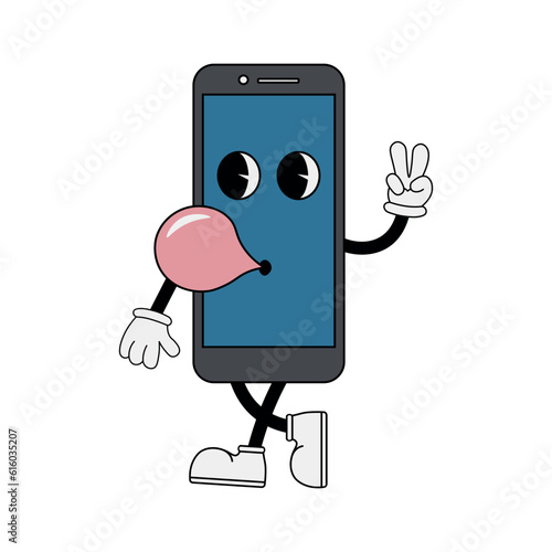 Phone character chewing gum, 70s cartoon style. Funny character in retro style. Vector illustration isolated on white background