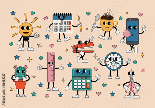 Set of funny cartoon characters in 70s style. Modern illustration with cute characters wearing gloves