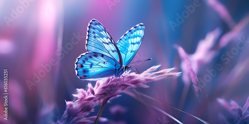 Beautiful creative natural close-up image with wildflowers and a butterfly in blue tones © Rubbina