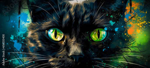 Captivating black cat with intense, glowing green eyes surrounded by a swirling, chaotic mix of purple and blue hues, evoking strong emotions. Generative AI