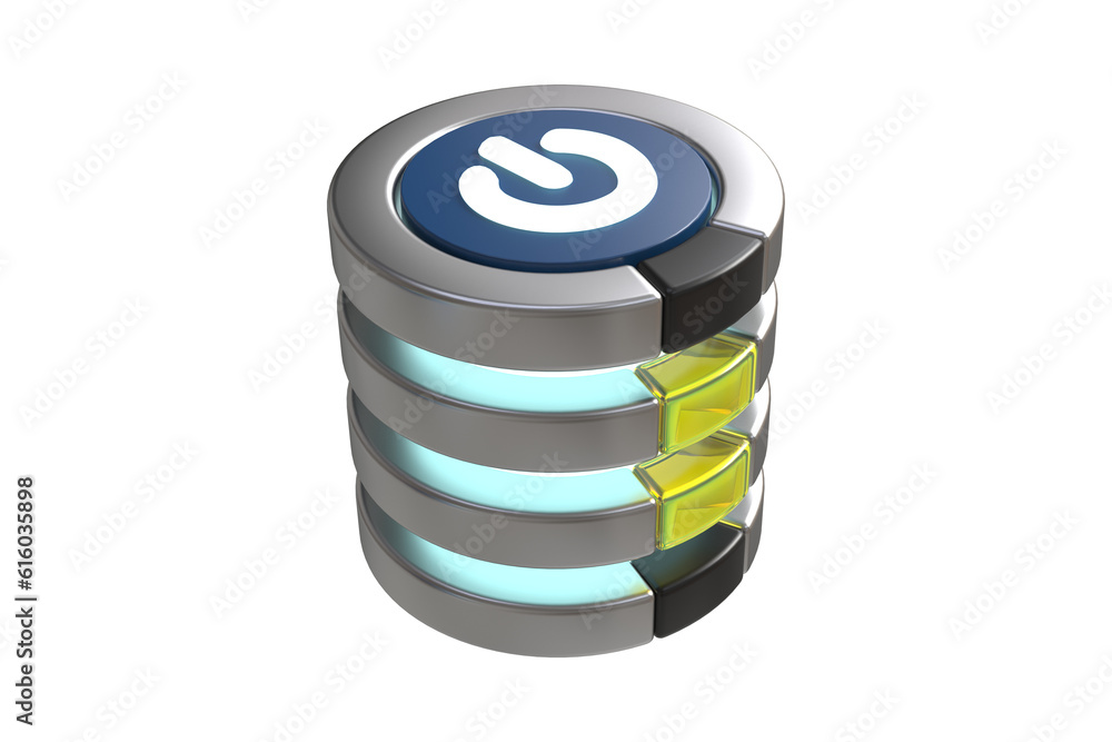 Abstract 3D metal launch button icon on a light blue background for web ...