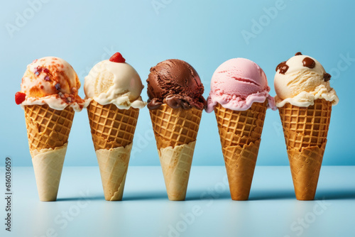 Ice Cream Cones On Blue Background Generative AI