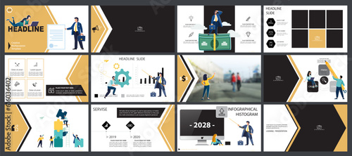 Business presentation, powerpoint, infographic design template with yellow, black elements, white background. Start a business. A team of people creates a business. Financial work. Use of flyers, job