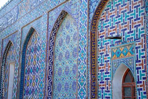  full blue tile wall in uzbekistan photo