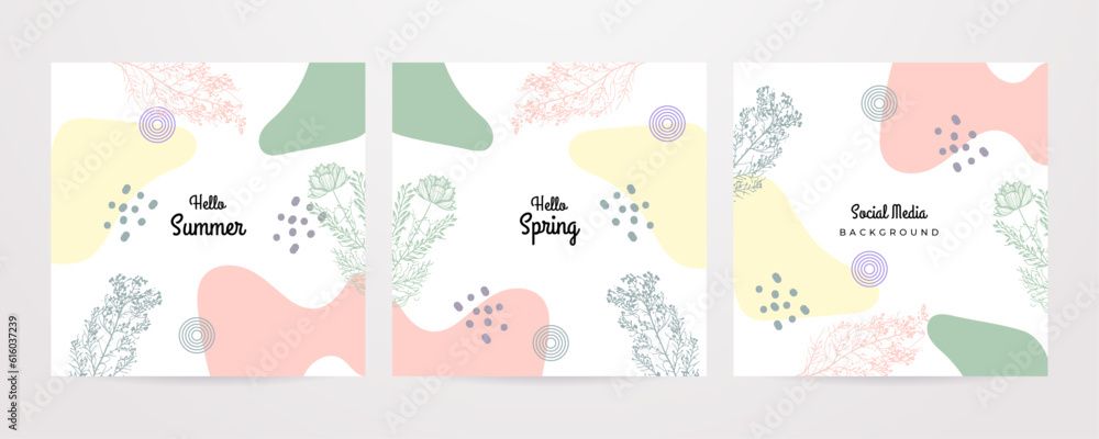 Hello Spring. Trendy abstract square art templates. Suitable for social media posts, mobile apps, banners design and web/internet ads.