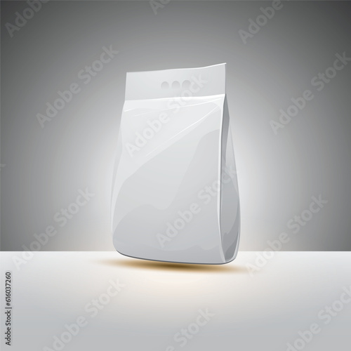 White Blank Foil Food Pack Stand Up Pouch Bag Packaging With Zipper. Illustration Isolated On White Background. Mock Up, Mockup Template Ready For Your Design.