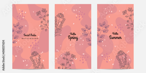 Hello Spring. Trendy abstract square art templates. Suitable for social media posts, mobile apps, banners design and web/internet ads. Vector fashion backgrounds.