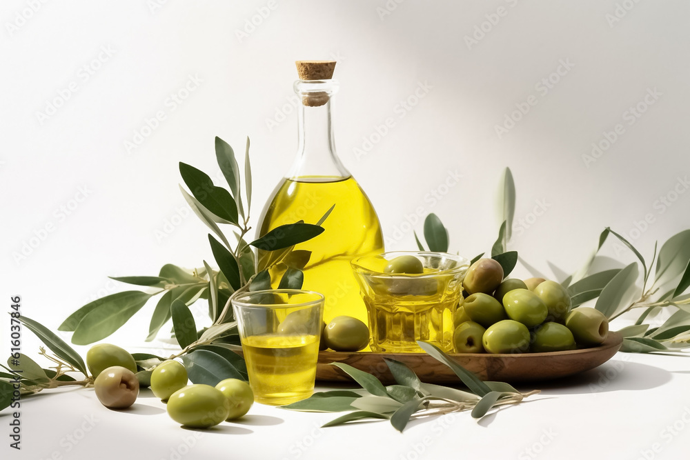 a glass bottle of olive oil is beautifully decorated with olive leaves and fruits, evoking a sense of freshness and natural goodness on clean white background. generative AI. a glass bottle of olive oil is beautifully decorated with olive leaves and fruits, evoking a sense of freshness and natural goodness on clean white background. generative AI.