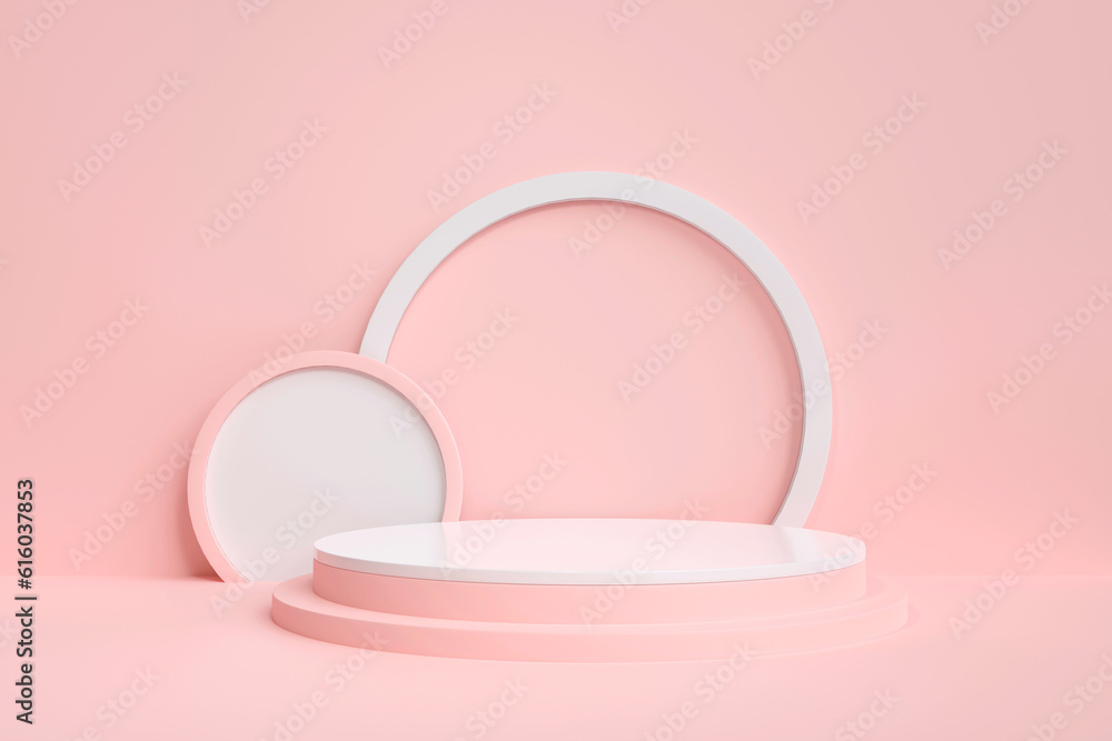 Podiums pink and white pastel. geometric scene background. for trade show Cute, baby accessories, fashion, cosmetics, or beauty products. 3D rendering