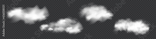 Realistic isolated cloud on transparent background. Vector set of realistic isolated fluffy cloud. Illustration of different types of cirrus and cumulus clouds. Vector.