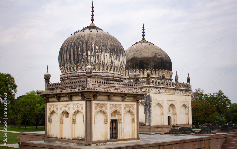 View of giant tomb buildings in the vast area of Qutb Shahi Archaeological Park, Hyderabad, India