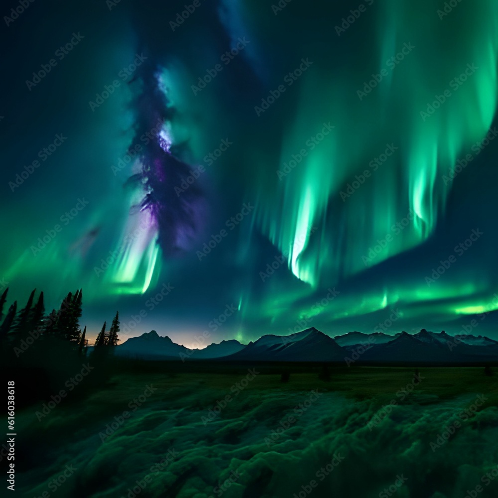 The visually captivating scene where vibrant and electrifying aurora lights