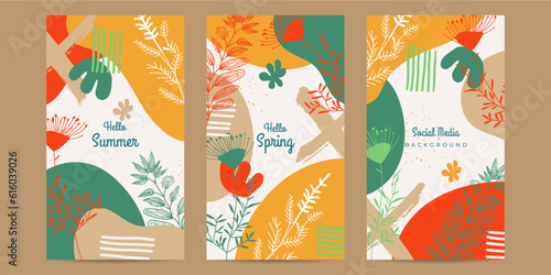 Modern floral hand drawn. Romantic greeting card. Spring time wording with hand drawn flowers and watercolor spots on white background.