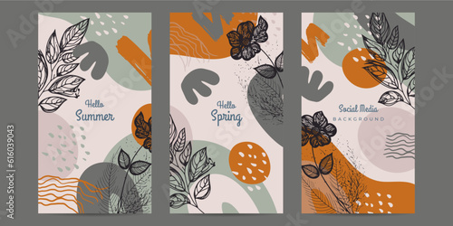 Spring Background with minimal hand drawn colorful flower elements in line art style.