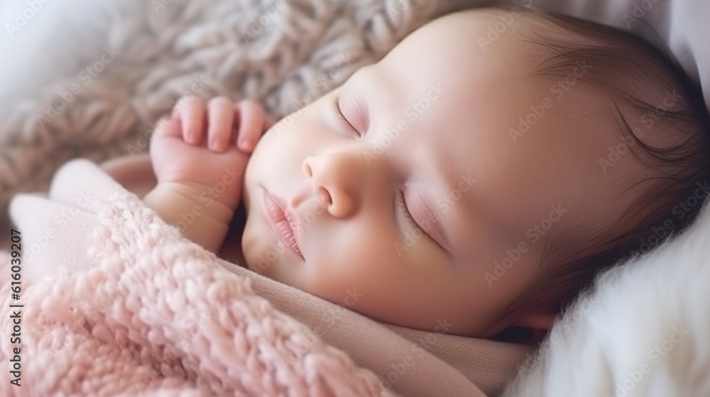 Adorable newborn baby sleeping in a blanket. Newborn baby child swaddled in fabric sleeping. Sweet infant kidnapping portrait. Generative ai.
