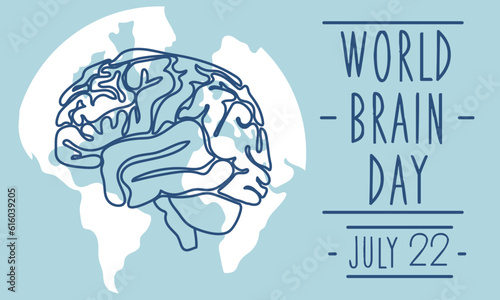 Postcard for World Brain Day, vector illustration with a cute brain in cartoon style on the background of the earth. July 22 and the bright blue outline of the human brain. Medicine, human health