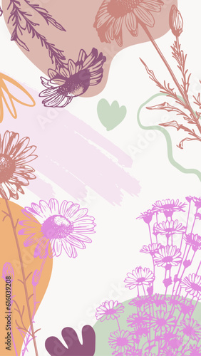 Spring Background with minimal hand drawn colorful flower elements in line art style.