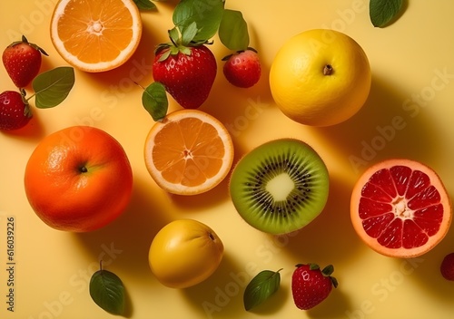 Flat Lay Slices of Fresh Fruits. Created with Generative AI Technology