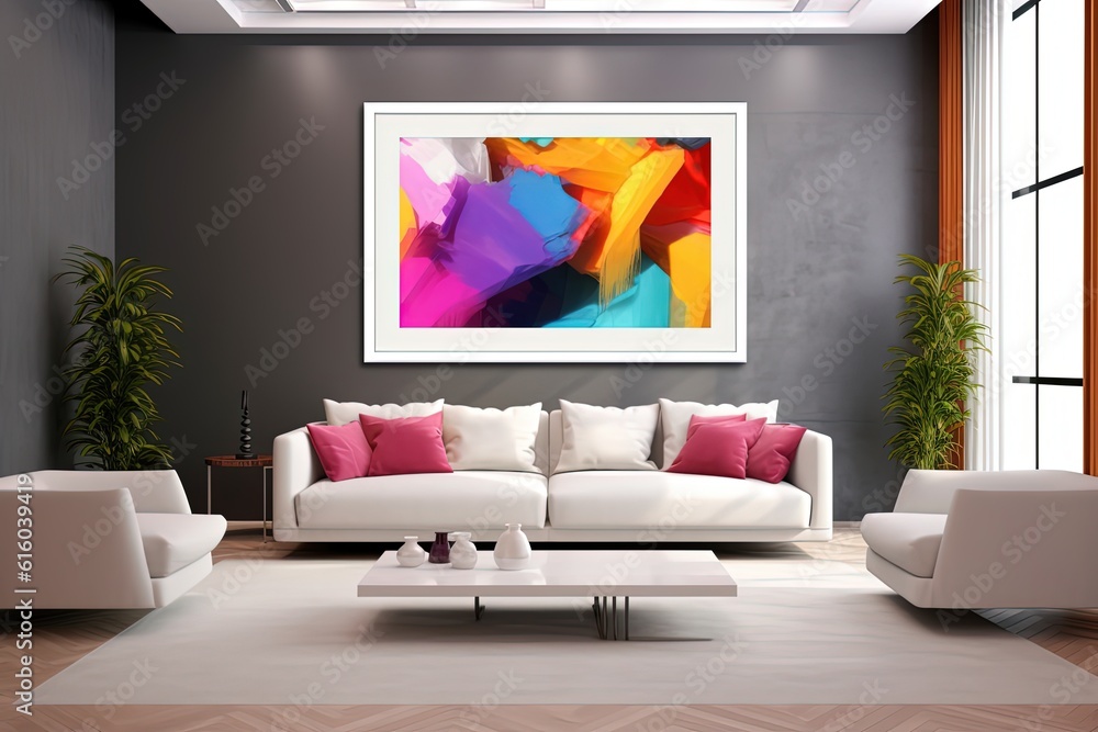 cheerful and happy mood living room idea of home decor design with colorful abstract painting art wall hanging picture, mockup idea, Generative Ai cheerful and happy mood living room idea of home decor design with colorful abstract painting art wall hanging picture, mockup idea, Generative Ai