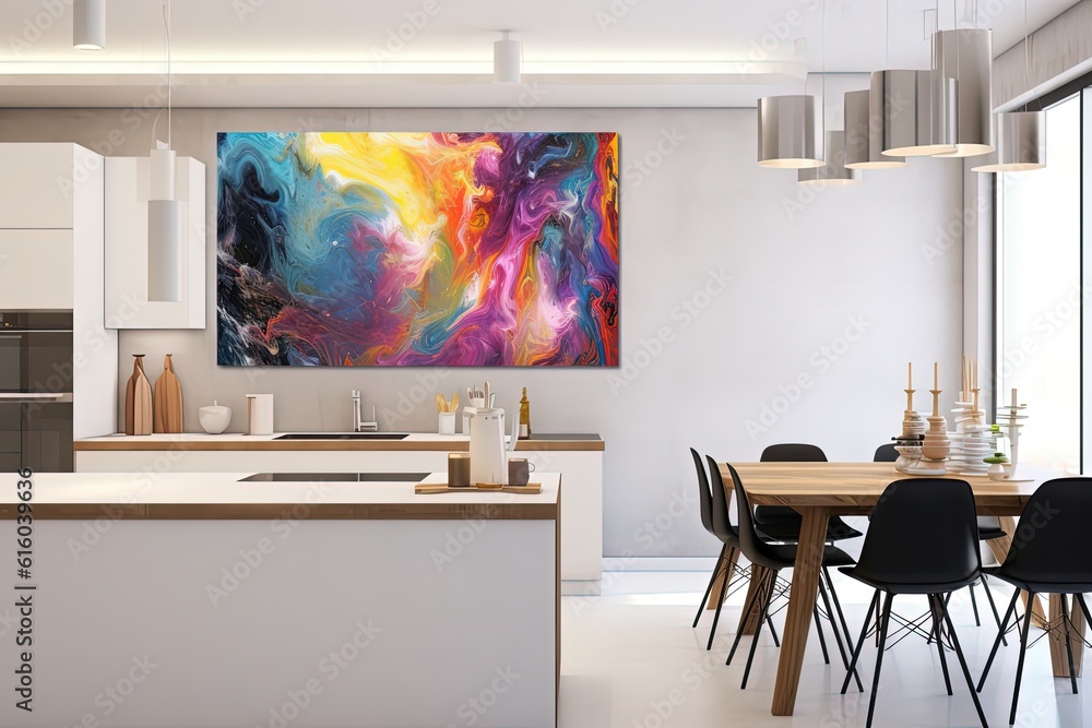 cheerful and happy mood kitchen room idea of home decor design with colorful abstract painting art wall hanging picture, mockup idea, Generative Ai