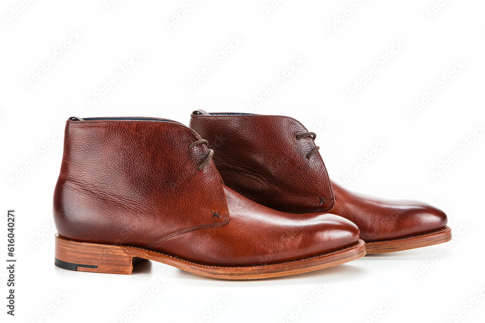 Footwear Concepts. Premium Tanned Derby Boots Made of Calf Leather with Leather Sole Placed In Line With One Another On Pure White Footwear Concepts. Premium Tanned Derby Boots Made of Calf Leather with Leather Sole Placed In Line With One Another On Pure White