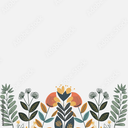 Floral frame with text. Romantic greeting card. Spring time wording with hand drawn flowers and watercolor spots on white background.