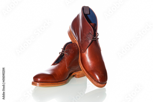 Footwear Concepts. Premium Tanned Derby Boots Made of Calf Leather with Leather Sole Placed On One Another On Pure White Background.