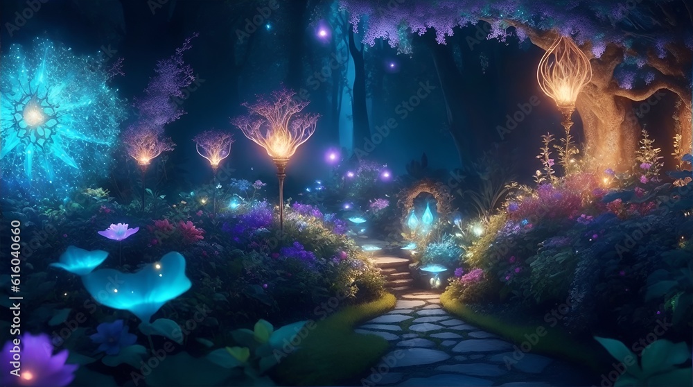 beautiful garden with bioluminescent plants