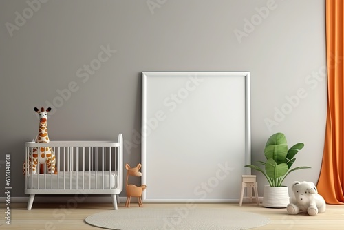 minimal relax mood children room with cradle and toys with empty art wall frame, mockup idea,  Generative Ai