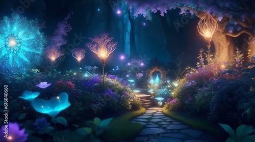 beautiful garden with bioluminescent plants