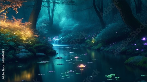 beautiful river in the middle of a bioluminescent forest at night