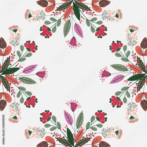 Floral frame with text. Romantic greeting card. Spring time wording with hand drawn flowers and watercolor spots on white background.