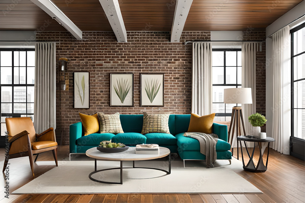 Picture of Interior design of an industrial chic living room that incorporates ...