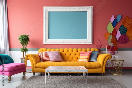 cheerful and happy mood living room has yellow comfy sofa with empty wall art hanging frame on orange wall, mock up idea Generative Ai photo