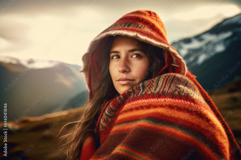AI generated portrait of middle aged woman in a traditional Woollen ponchos in a meadow against the backdrop of the Ands AI generated portrait of middle aged woman in a traditional Woollen ponchos in a meadow against the backdrop of the Ands