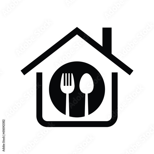 Home with spoon and fork icon, Homemade food concept, House cooking logo, Vector illustration