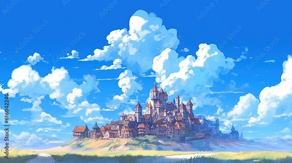 An old castle against a picturesque blue sky . Fantasy concept , Illustration painting.